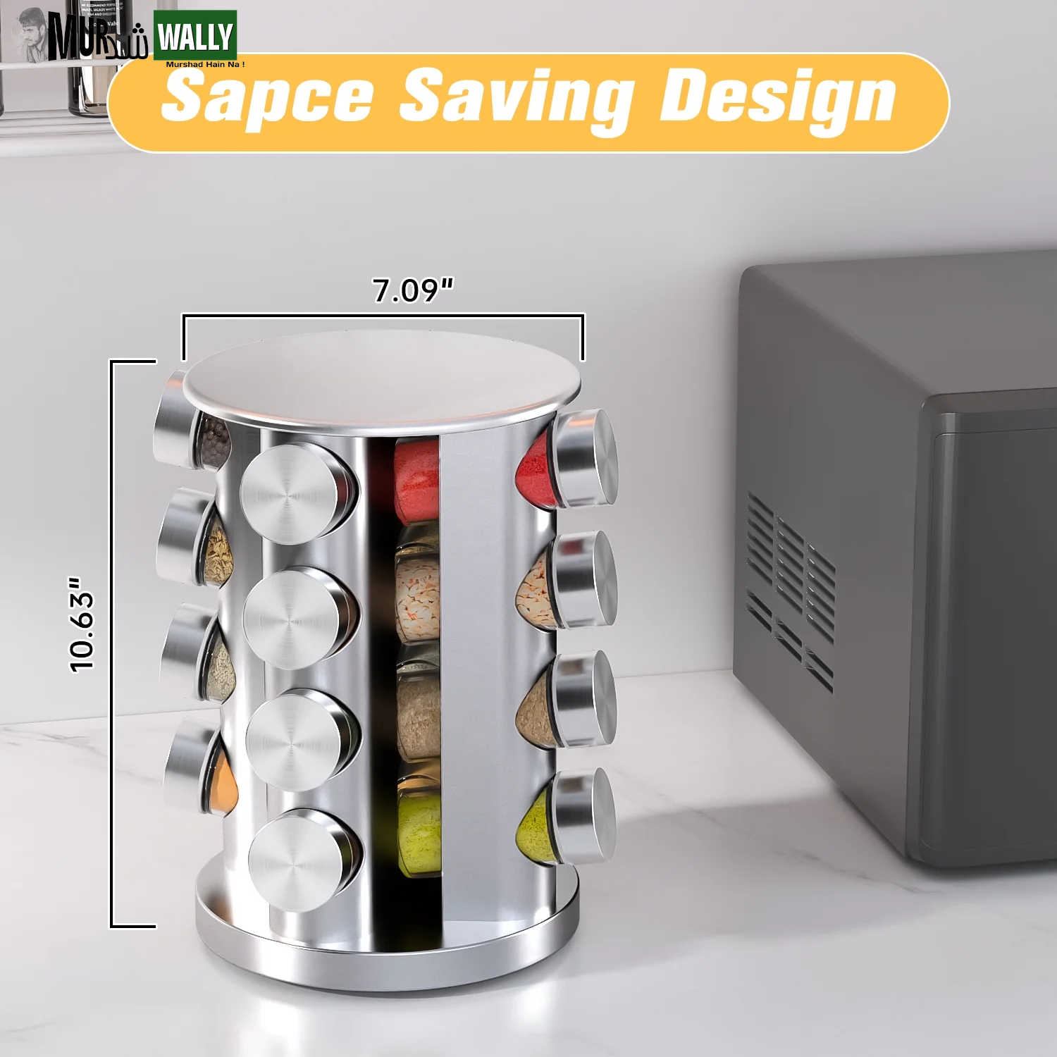 Rotating Spice Rack with 16 Seasoning Jars, Revolving Spice Organizer Stainless Steel for Countertop/Kitchen Storage, with Reusable Labels, Funnel and Pen Set
