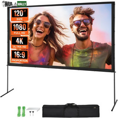 VEVOR Projector Screen with Stand, 120 Inch 16:9 4K 1080 HD Outdoor Movie Screen with Stand, Wrinkle-Free Projection Screen with Bar Feet and Carry Bag, for Home Theater Cinema Backyard Movie Night