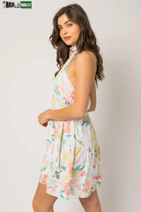 Sleeveless Halter Neck Shirring Floral Print Mini Dress