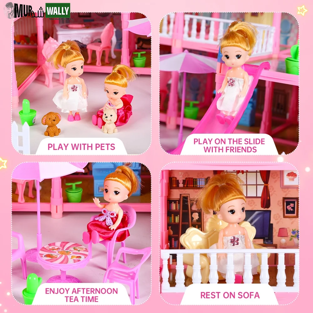 Doll House for Girls, 5-Story 19 Rooms Huge Dollhouse Playset with LED Lights, 2 Dolls, Furnitures, Accessories, DIY Pretend Play House Toys Gifts for Kids, Pink