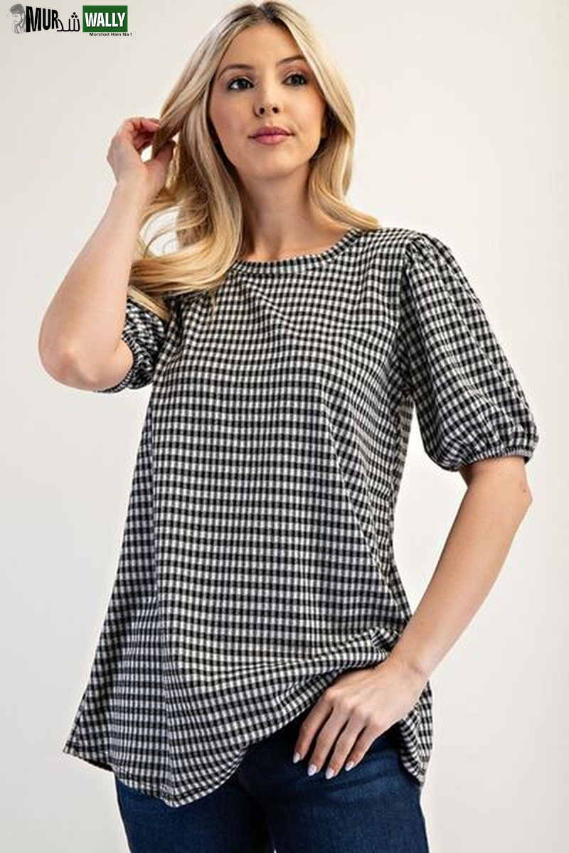 Celeste Full Size Gingham Print Top with Puff Sleeves plus Size