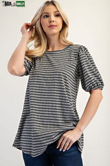 Celeste Full Size Gingham Print Top with Puff Sleeves plus Size