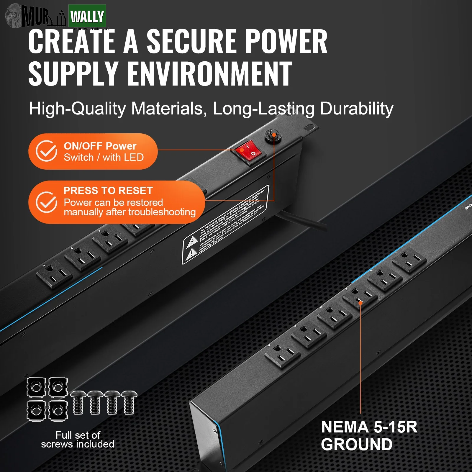 VEVOR 19 1U PDU 12 Outlets Rack Mount Power Strip Surge Overload Protection