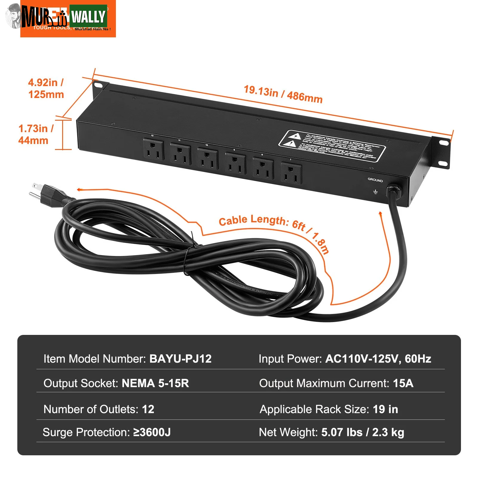 VEVOR 19 1U PDU 12 Outlets Rack Mount Power Strip Surge Overload Protection