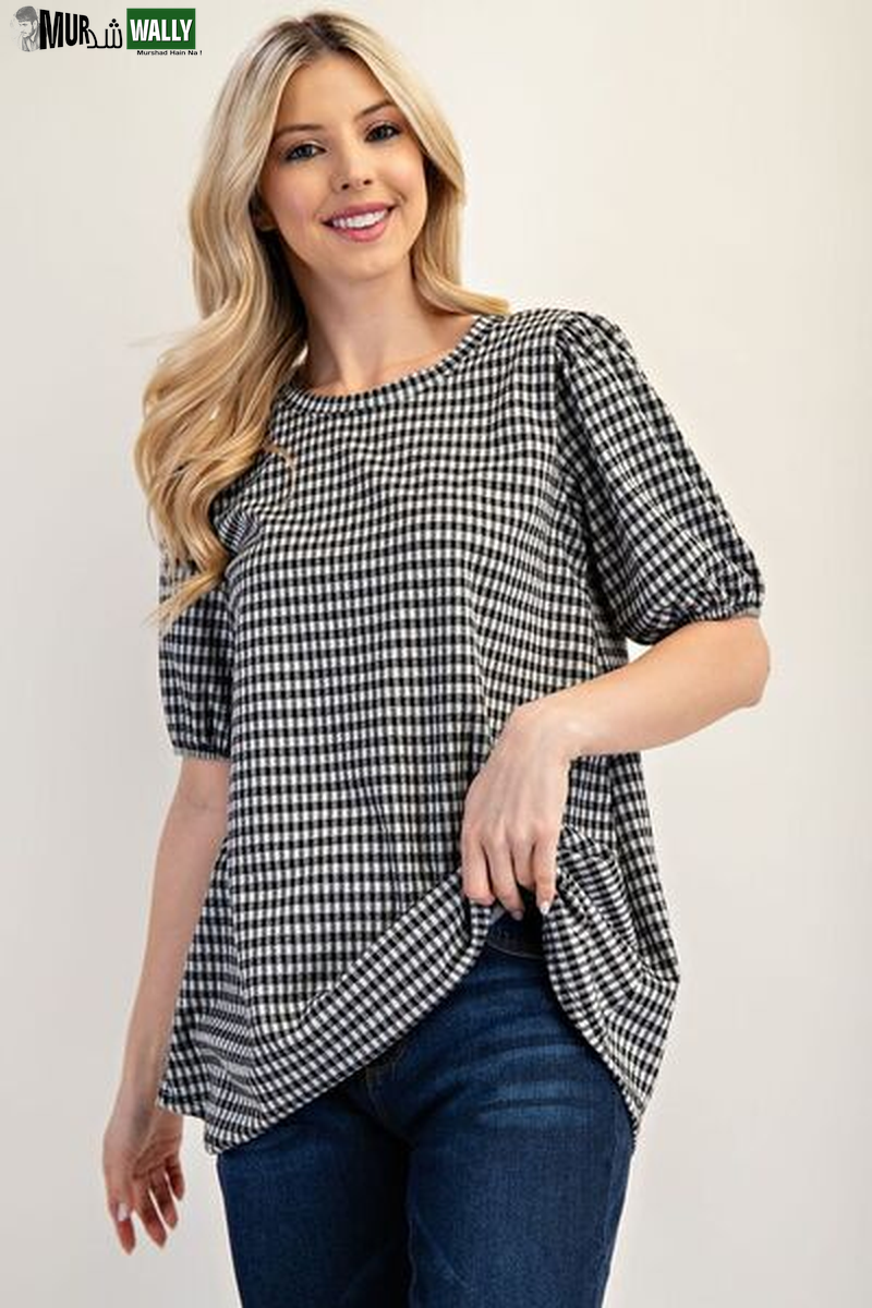 Celeste Full Size Gingham Print Top with Puff Sleeves plus Size