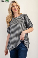 Celeste Full Size Gingham Print Top with Puff Sleeves plus Size