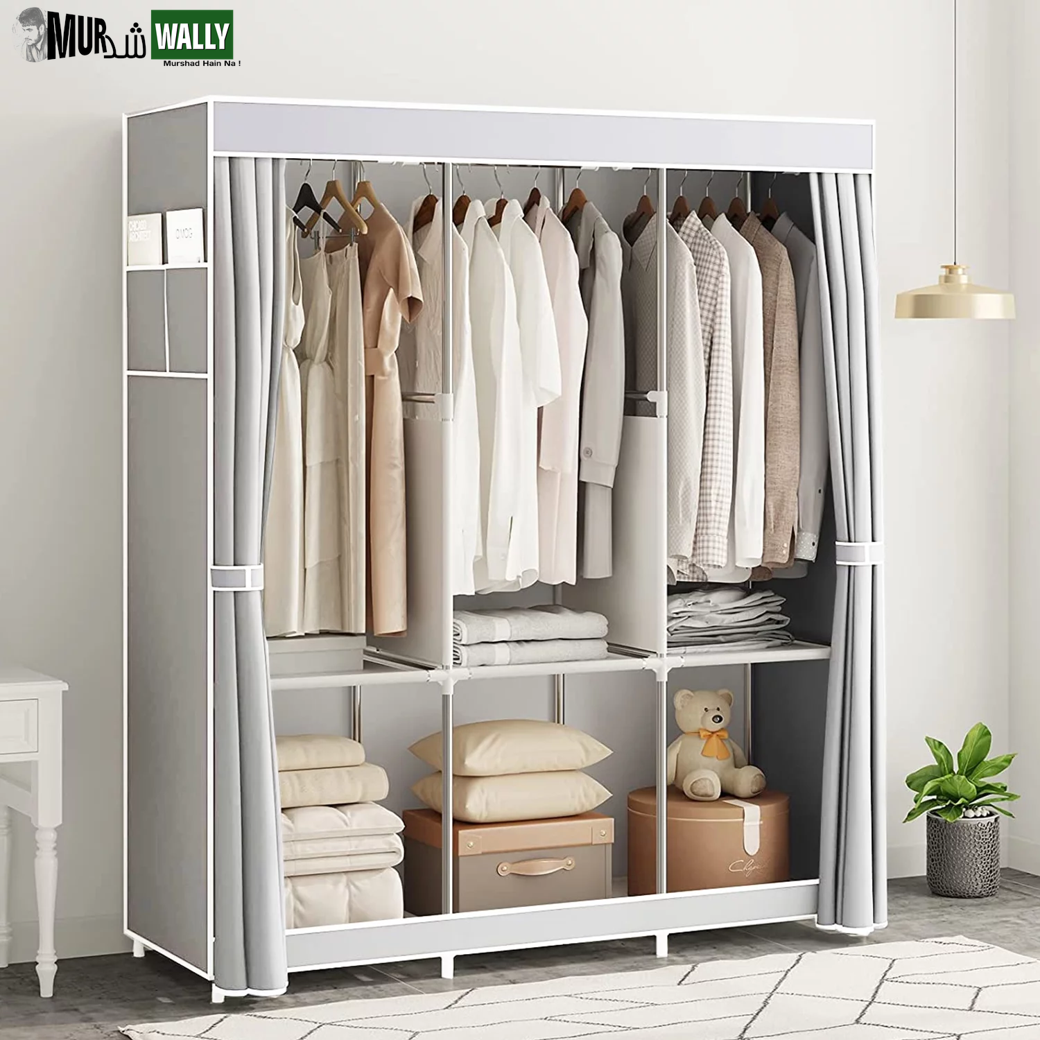 Portable Closet,Portable Wardrobe Closet Storage with 3 Hanging Rods,6 Storage Shelves,Side Pocket for Clothes Storage Organizer,Gray