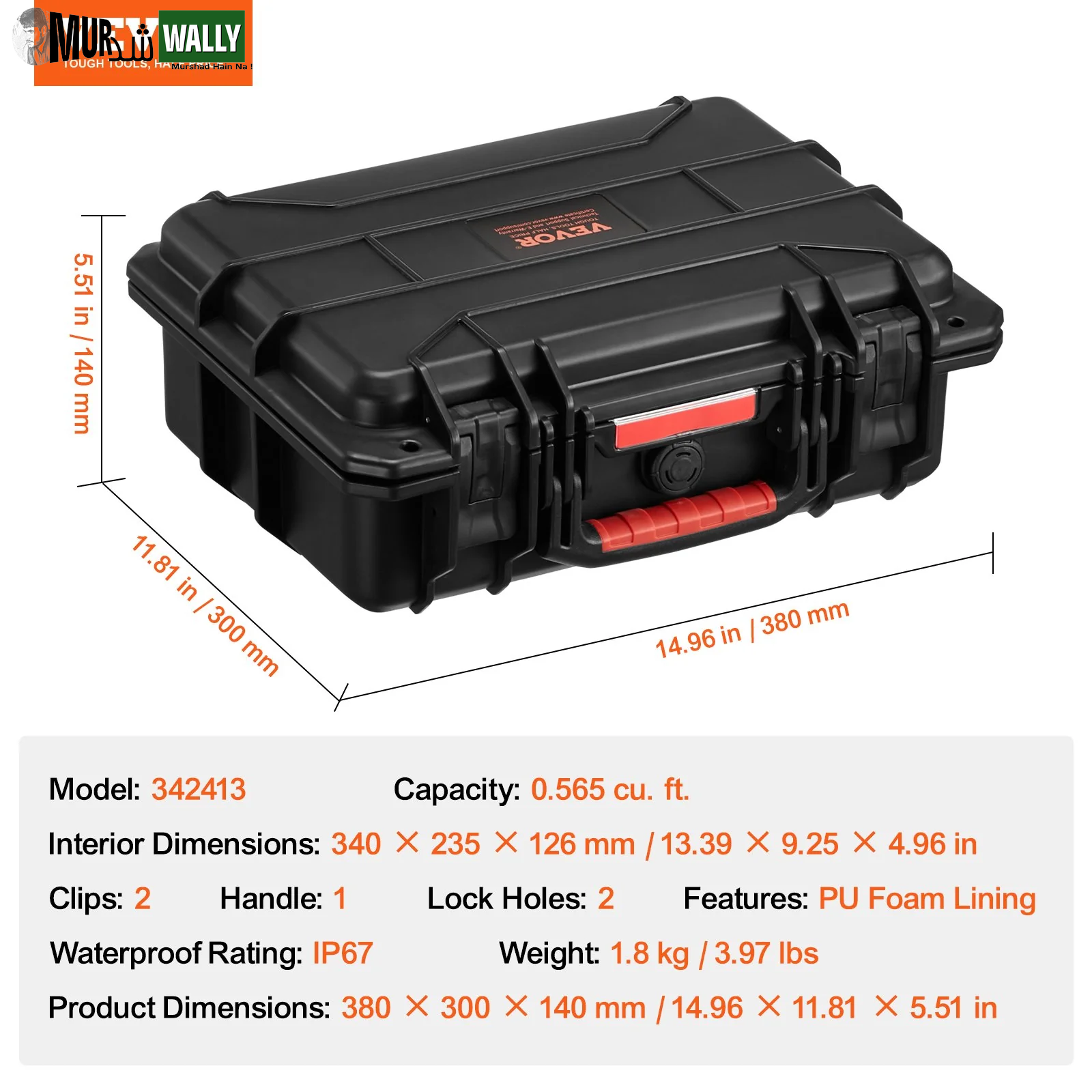 VEVOR 0.56 Cu.Ft Weatherproof Hard Case with Handle Clips Padlock Holes PU Foam Protect Pistol, Microphone, and Camera Equipment