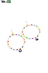 Evil Eye Stone Pearl with Seed Beads Metal Hoop Earrings