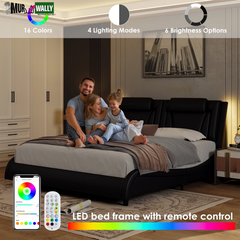 King Size LED Bed Frame, PU Leather Upholstered Curved Platform Bed Frame with Adjustable Headboard, Black