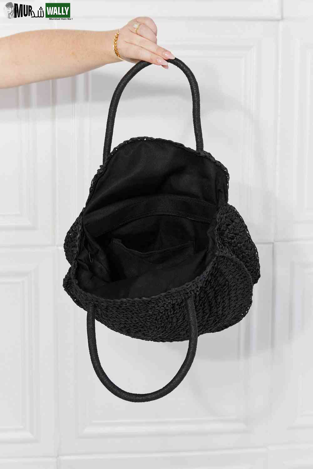 Justin Taylor Beach Date Straw Rattan Handbag in Black