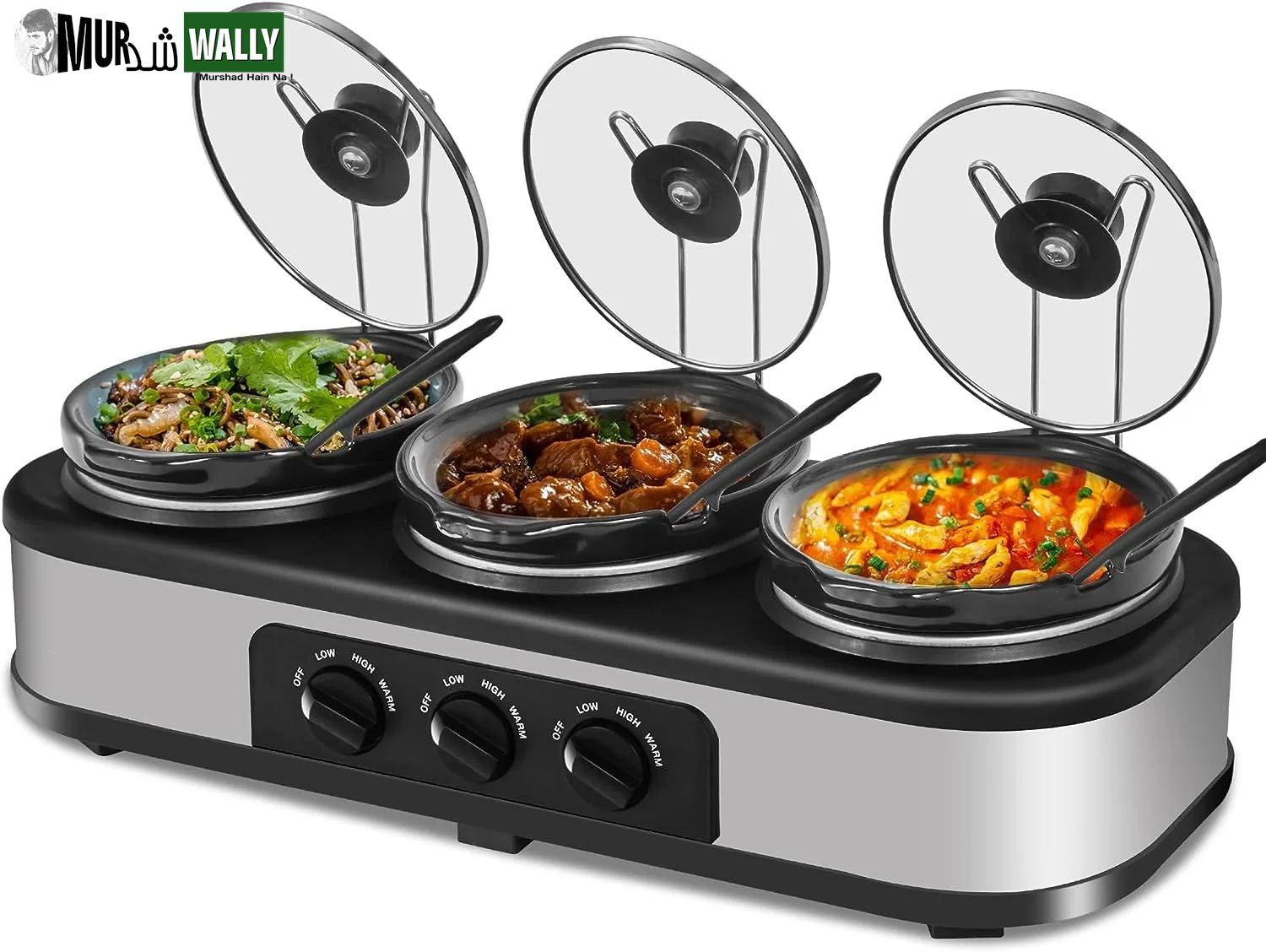Triple Slow Cooker, 3X1.5 Quart Electric Slow Cooker Buffet Server, Food Warmer Cooking Pot, Adjustable Temp Removable Ceramic Pots Lid Rests