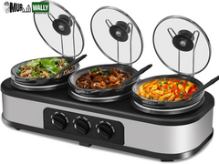 Triple Slow Cooker, 3X1.5 Quart Electric Slow Cooker Buffet Server, Food Warmer Cooking Pot, Adjustable Temp Removable Ceramic Pots Lid Rests