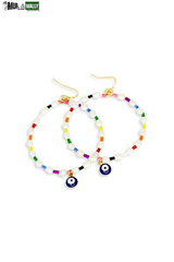 Evil Eye Stone Pearl with Seed Beads Metal Hoop Earrings