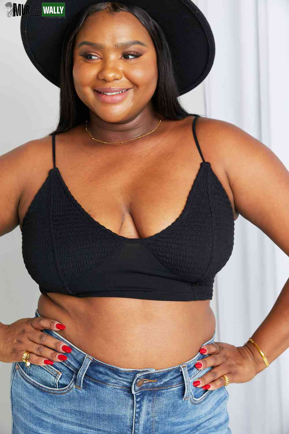 Zenana Full Size Textured Spaghetti Strap Bralette in Black