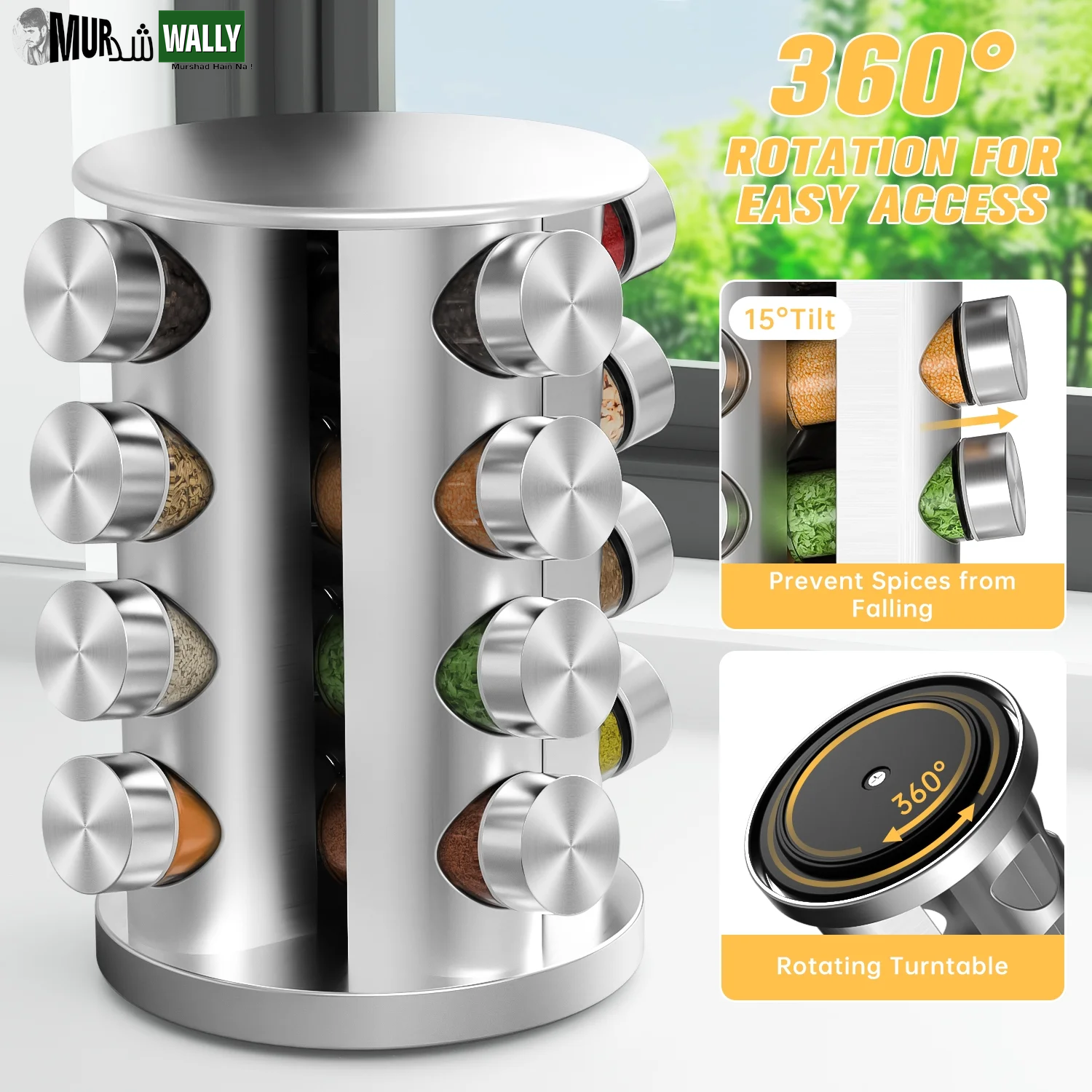 Rotating Spice Rack with 16 Seasoning Jars, Revolving Spice Organizer Stainless Steel for Countertop/Kitchen Storage, with Reusable Labels, Funnel and Pen Set