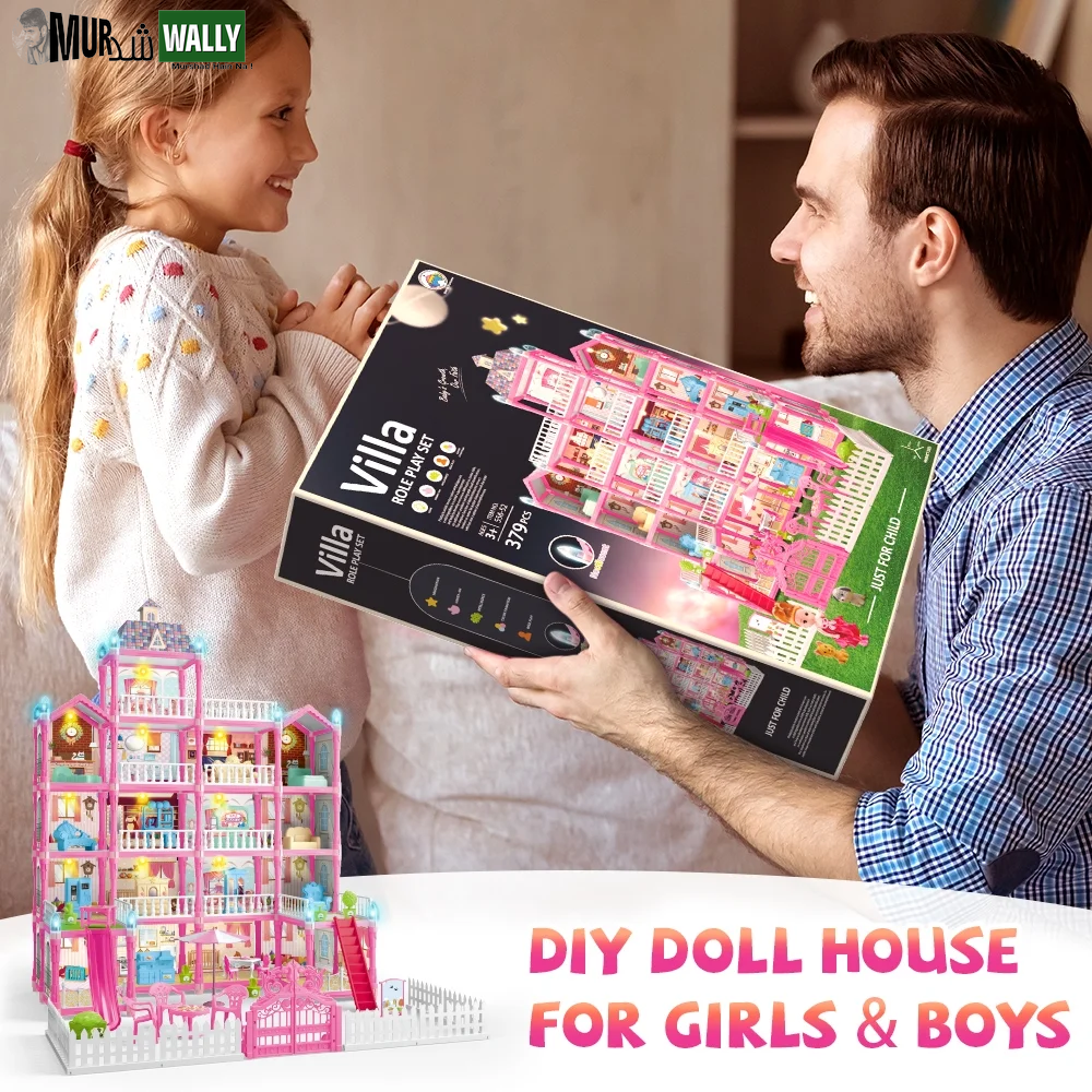 Doll House for Girls, 5-Story 19 Rooms Huge Dollhouse Playset with LED Lights, 2 Dolls, Furnitures, Accessories, DIY Pretend Play House Toys Gifts for Kids, Pink