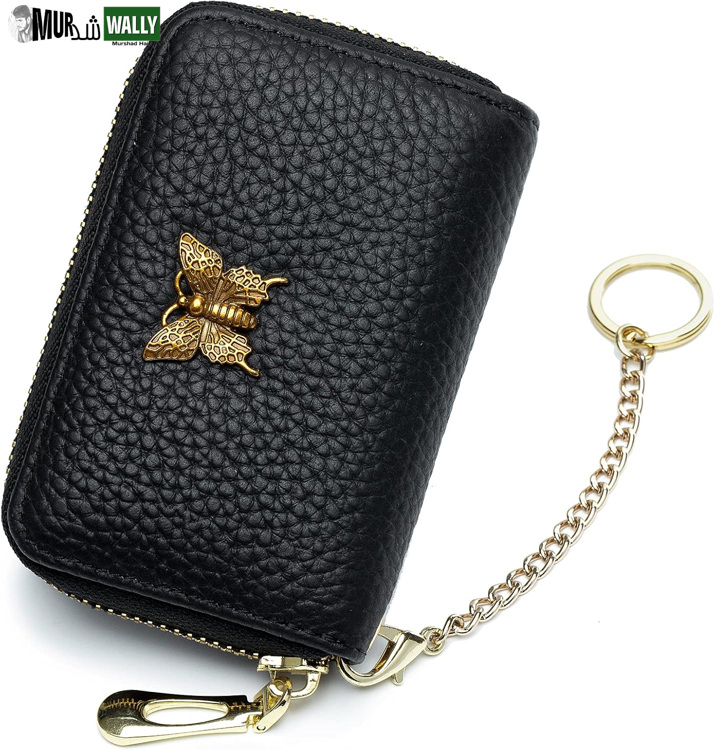 RFID Credit Card Holder for Women Genuine Leather Card Case Wallet with Zipper and Removable Keychain (Black)