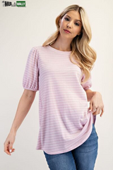 Celeste Full Size Gingham Print Top with Puff Sleeves plus Size