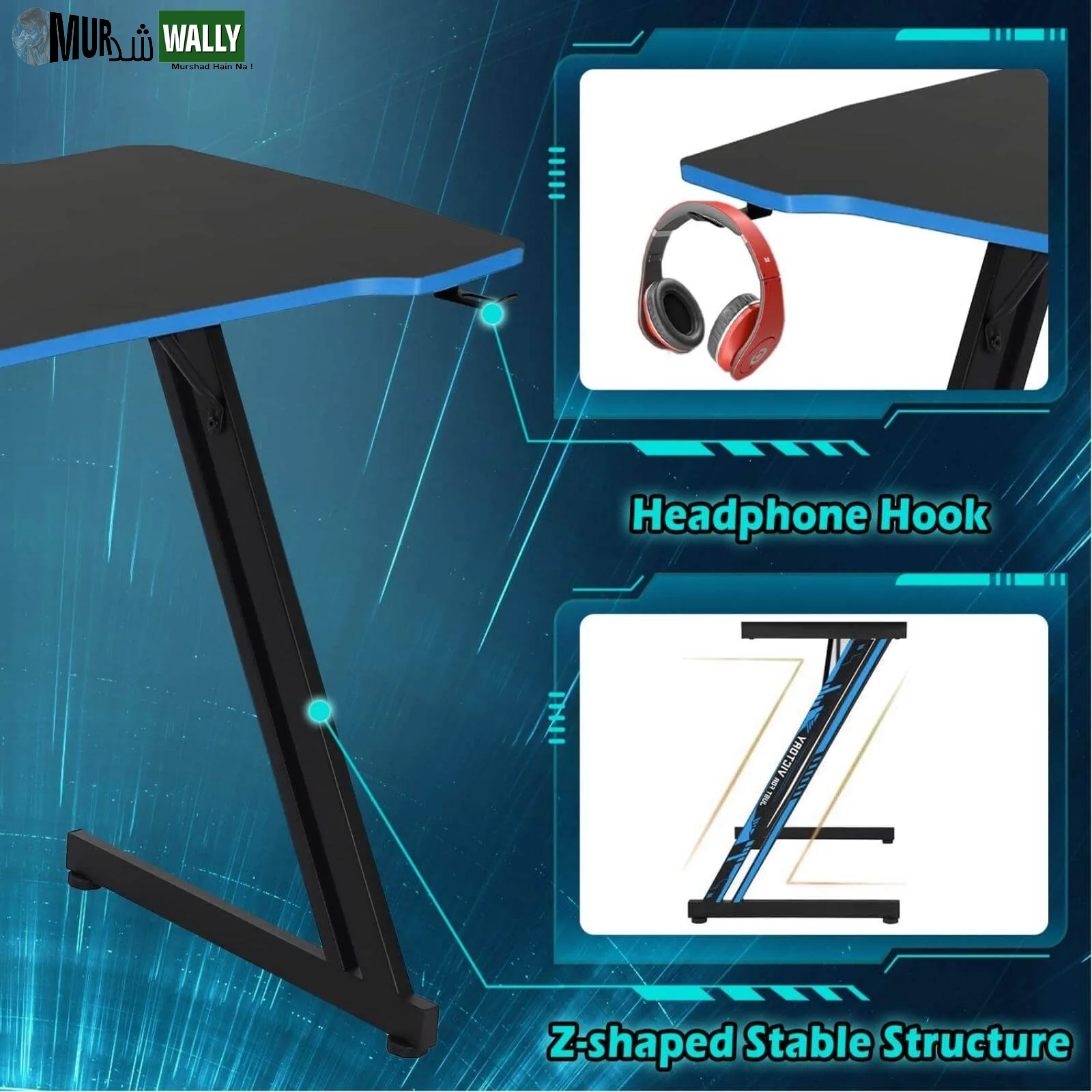 47 Inch Z-Shaped Gaming Desk, PC Computer Table Home Office Desk Ergonomic Gamer Workstation with Headphone Hook, Blue