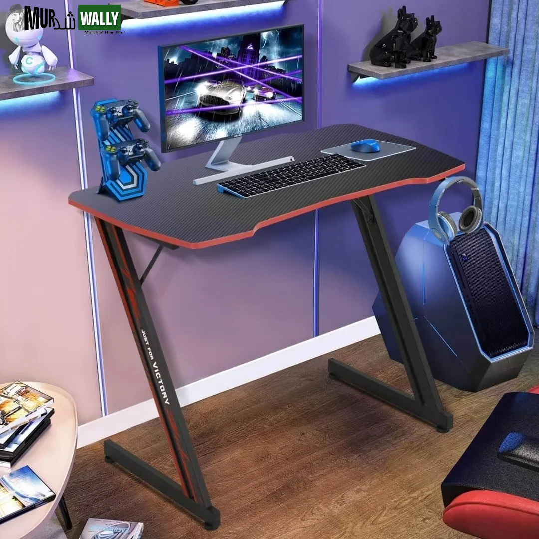 47 Inch Z-Shaped Gaming Desk, PC Computer Table Home Office Desk Ergonomic Gamer Workstation with Headphone Hook, Blue