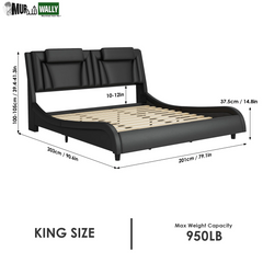 King Size LED Bed Frame, PU Leather Upholstered Curved Platform Bed Frame with Adjustable Headboard, Black