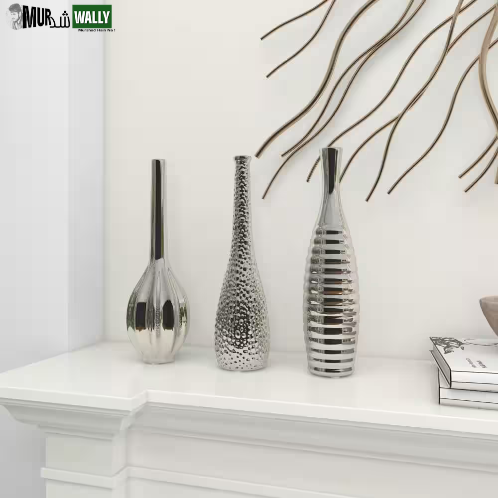 3 In., 12 In. Silver Slim Textured Bottleneck Ceramic Decorative Vase with Varying Patterns (Set of 3)