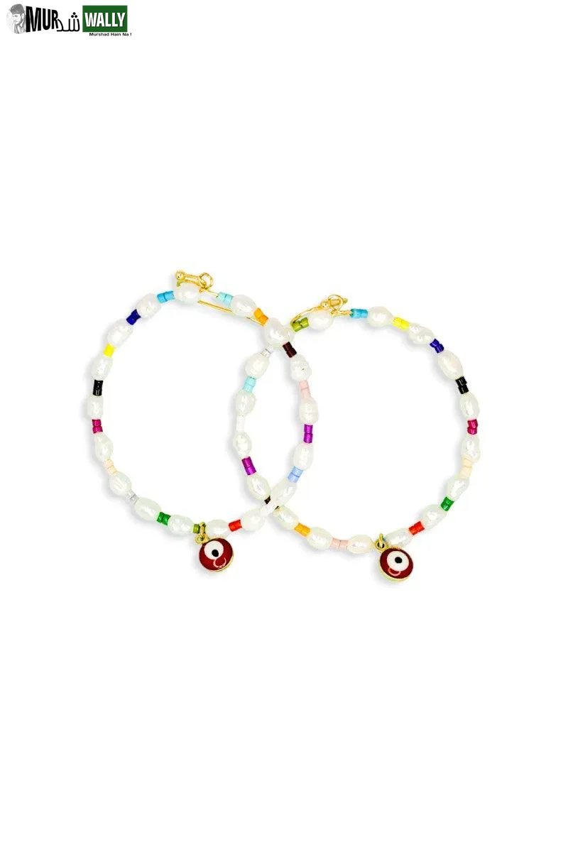 Evil Eye Stone Pearl with Seed Beads Metal Hoop Earrings