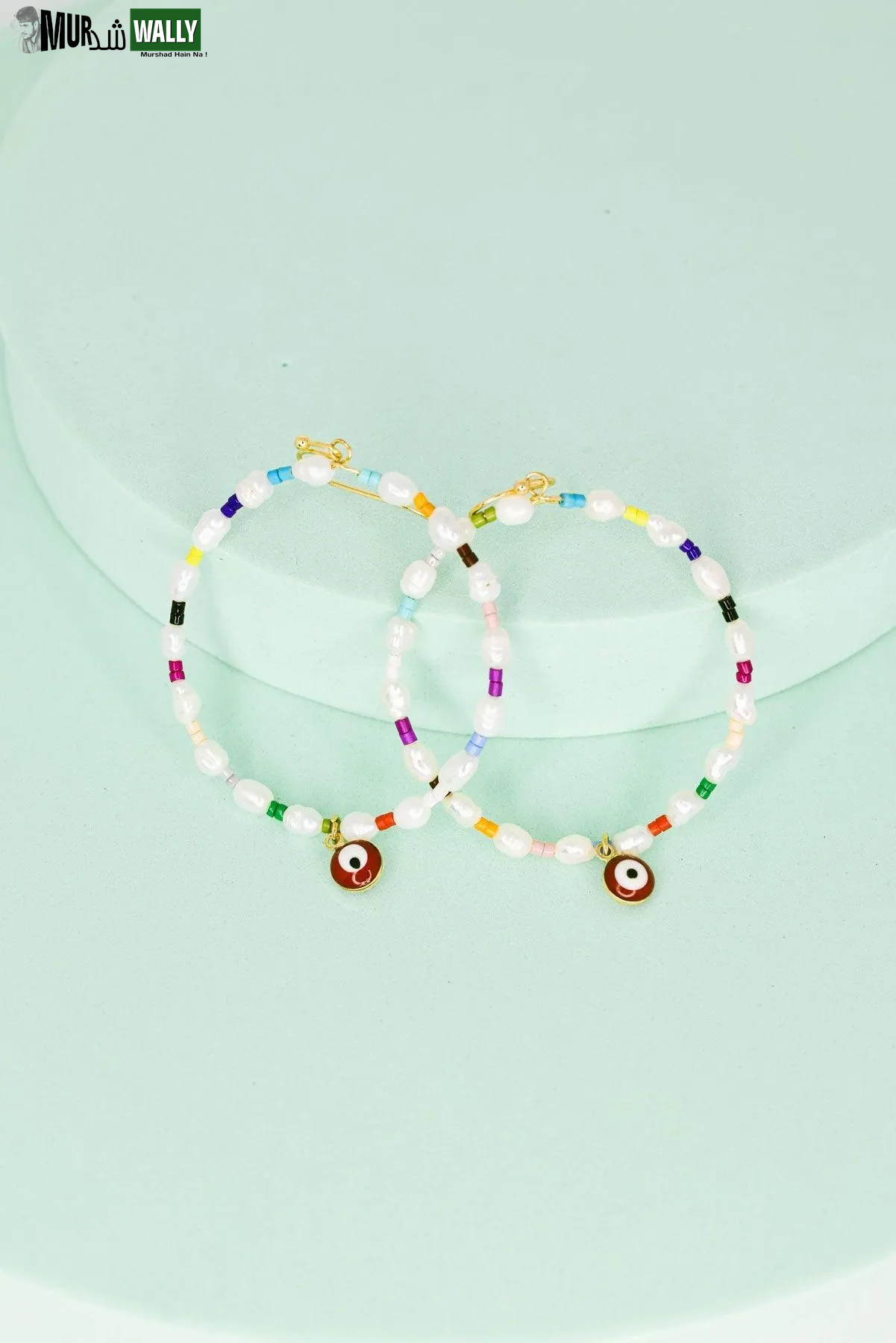 Evil Eye Stone Pearl with Seed Beads Metal Hoop Earrings