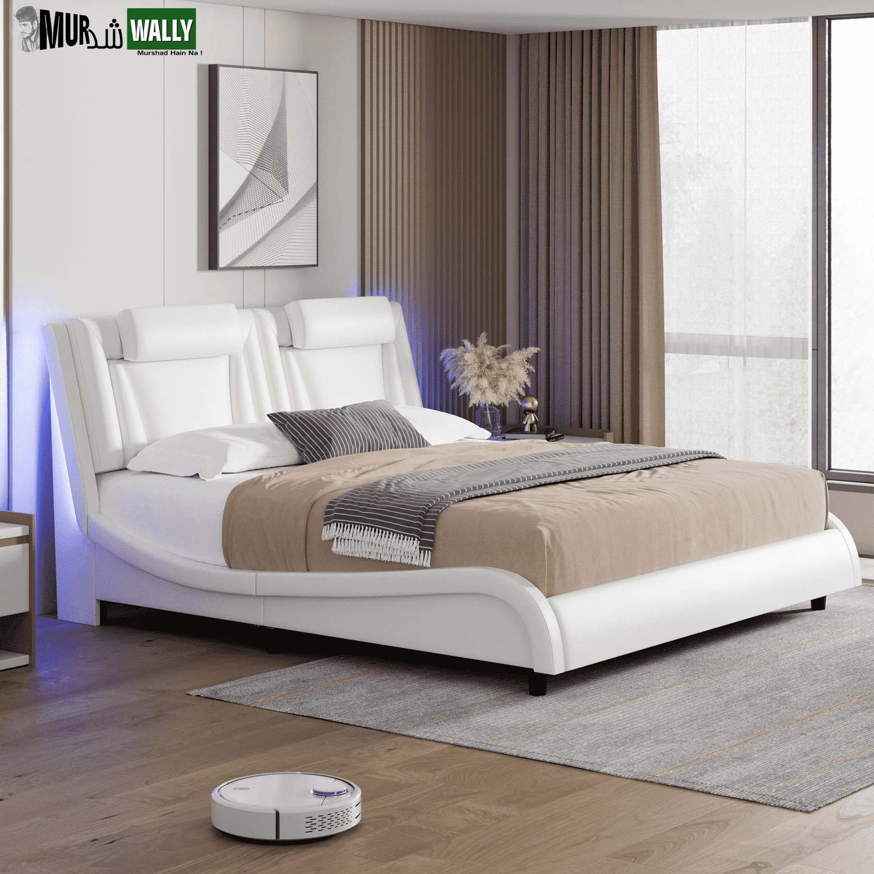 King Size LED Bed Frame, PU Leather Upholstered Curved Platform Bed Frame with Adjustable Headboard, Black