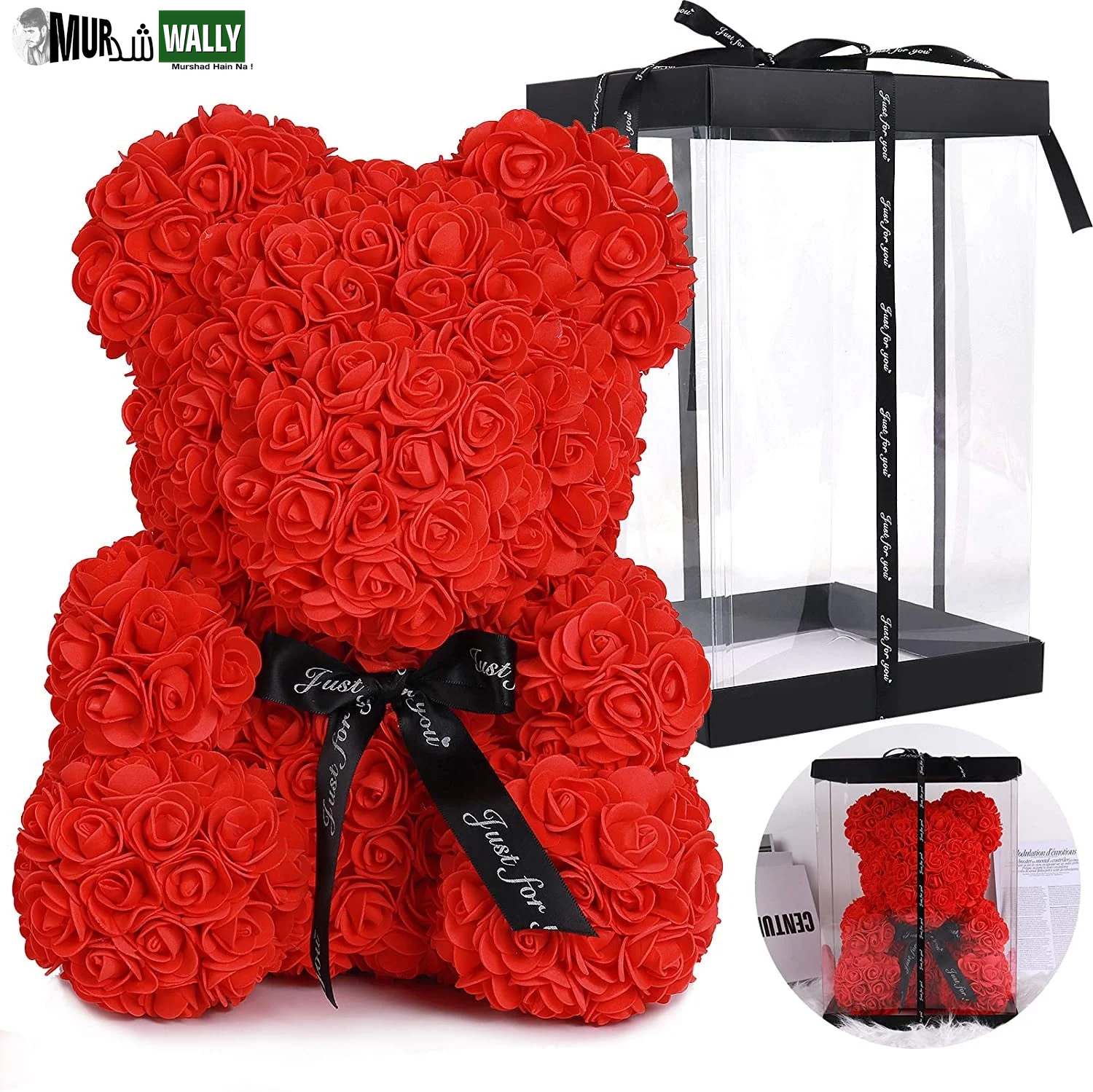 Blue Artificial Rose Flowers Bear 10 Inch Wedding Party Decoration Gift Box