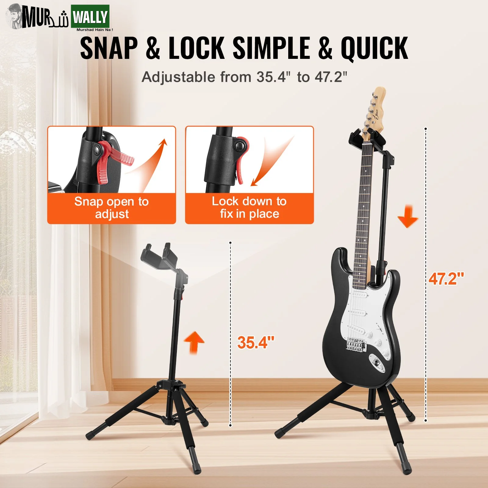 VEVOR Tripod Guitar Stand Floor-Standing Foldable 35.4-47.2 in Adjustable Height