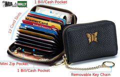 RFID Credit Card Holder for Women Genuine Leather Card Case Wallet with Zipper and Removable Keychain (Black)