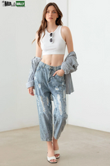 Light Blue Wash Barrel Leg High Waist Distressed Jeans