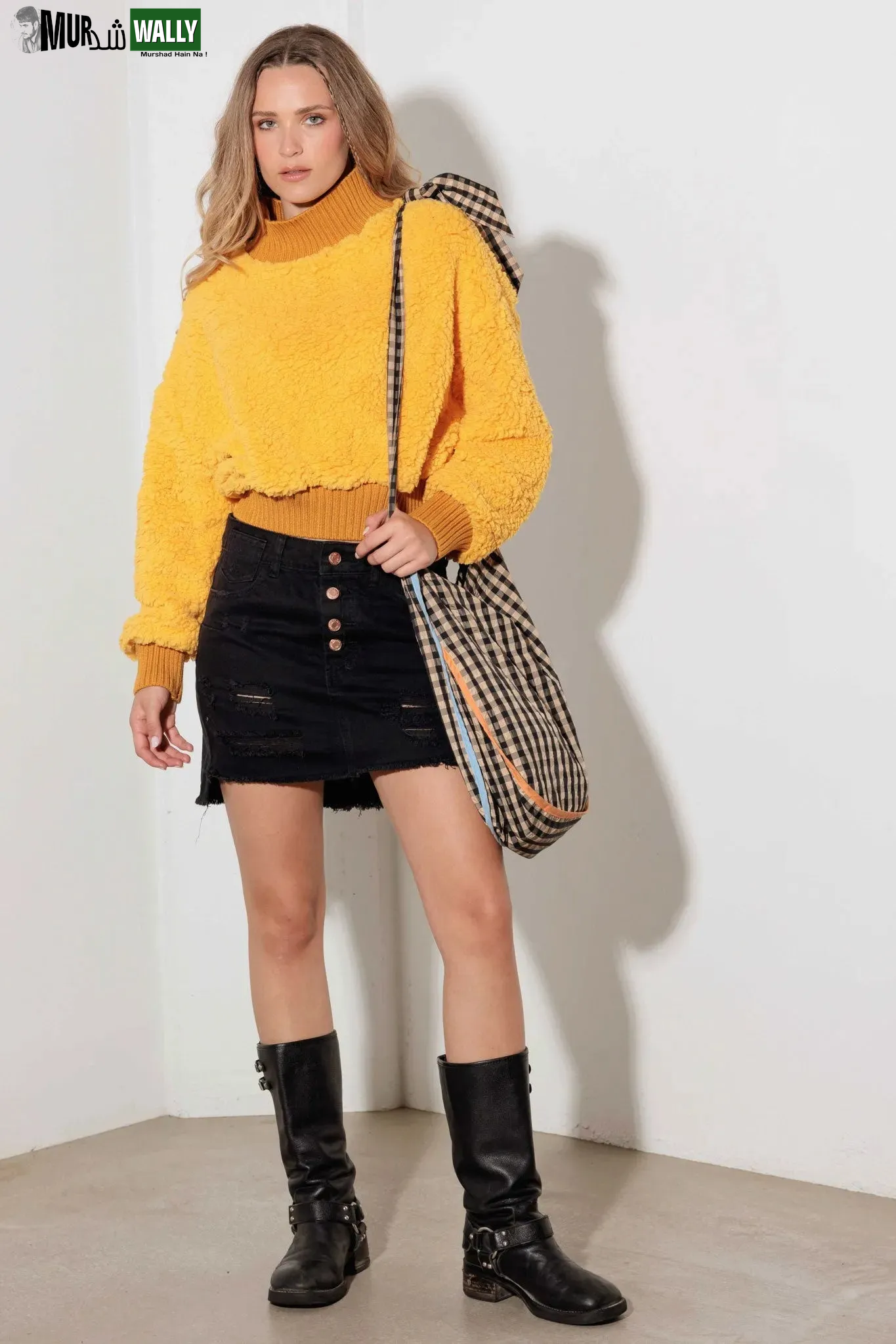Fuzzy Ribbed Mock Neck Teddy Crop Sweater