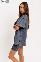 Short Sleeve Crew Neck Washed Oversized Basic Tunic Top