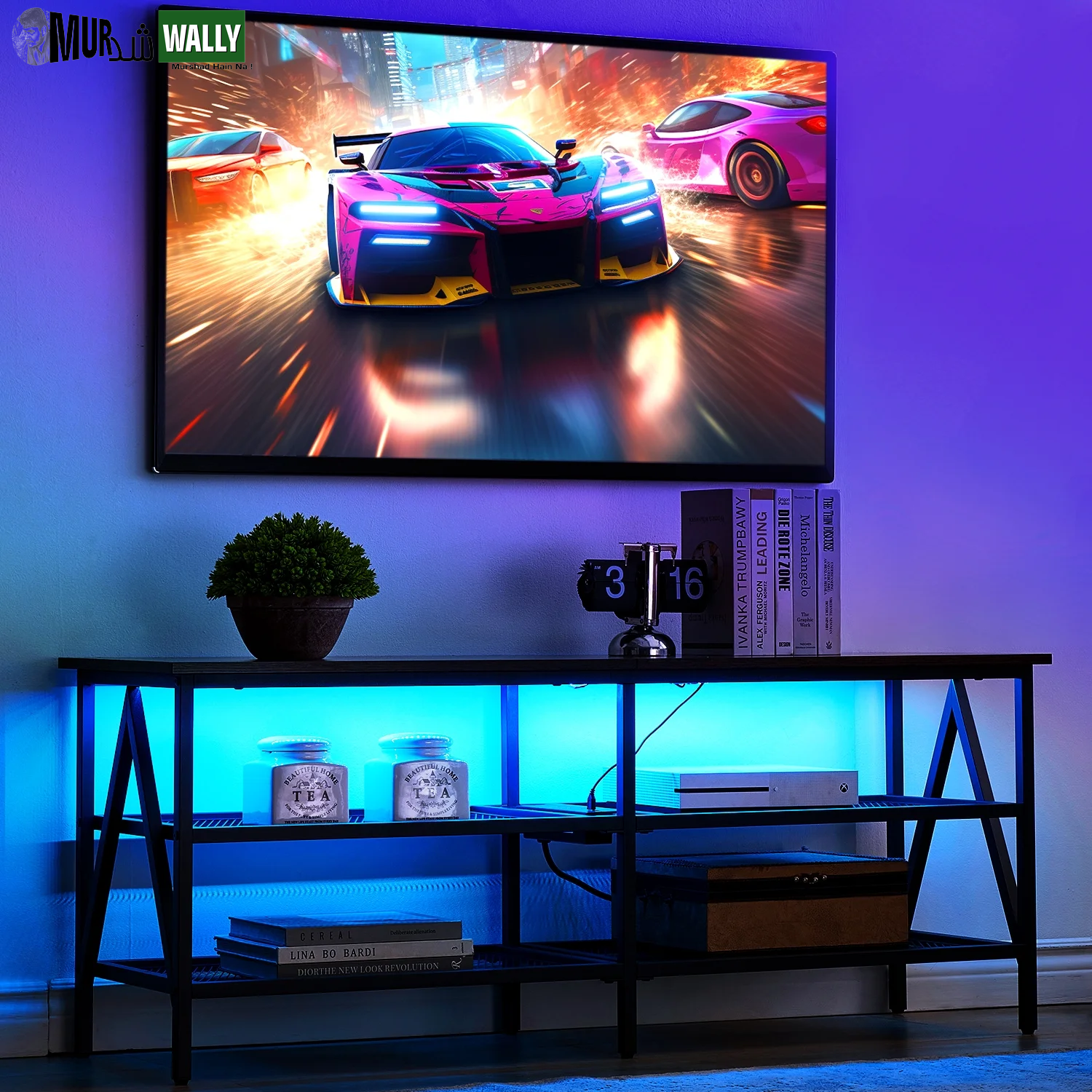 TV Stand for TV up to 65 Inches, TV Console Table with Led Lights & Power Outlets, Black