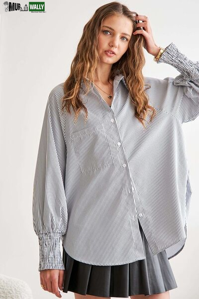 ADORA High-Low Striped Button down Smocked Lantern Sleeve Shirt