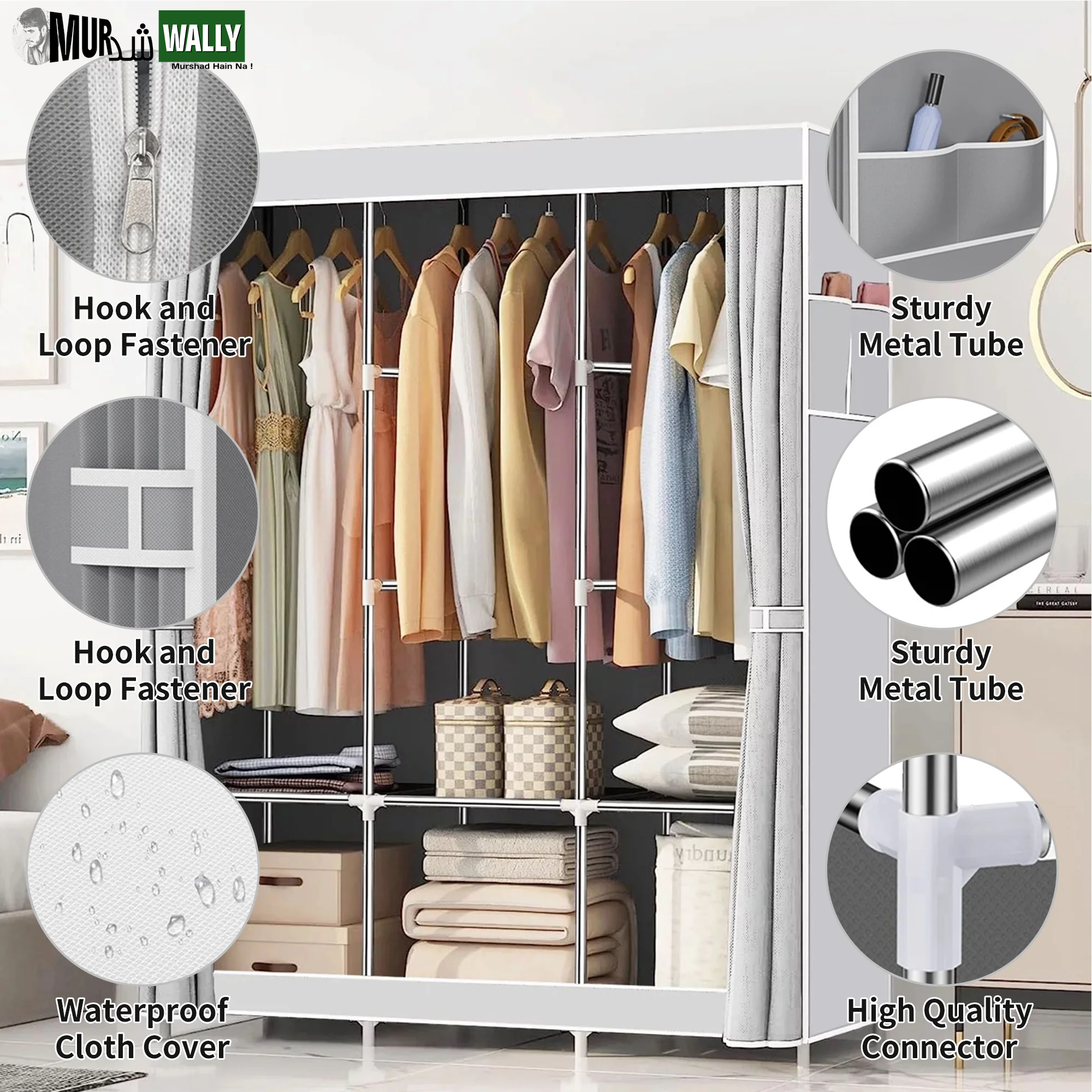 Portable Closet,Portable Wardrobe Closet Storage with 3 Hanging Rods,6 Storage Shelves,Side Pocket for Clothes Storage Organizer,Gray