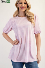 Celeste Full Size Gingham Print Top with Puff Sleeves plus Size
