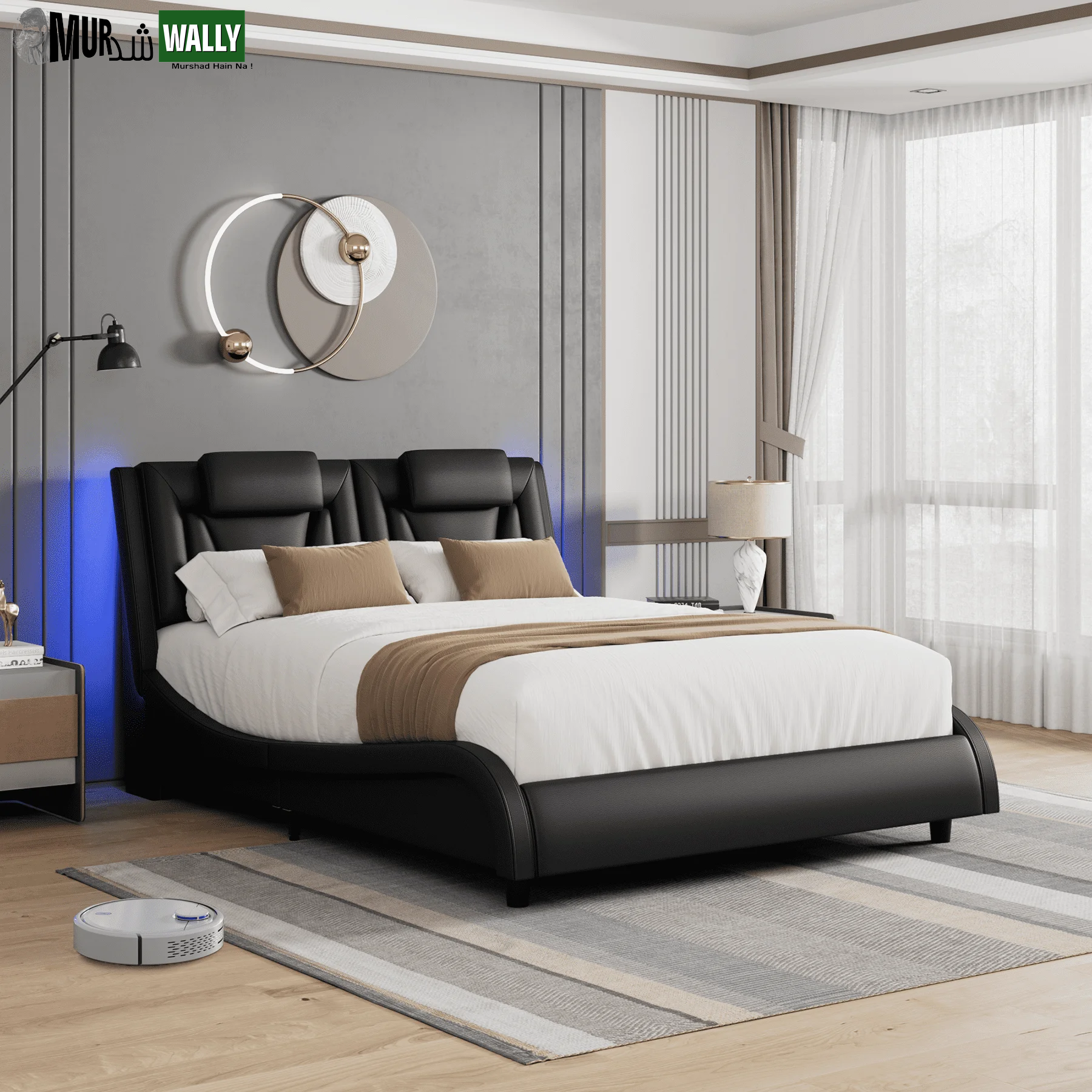 King Size LED Bed Frame, PU Leather Upholstered Curved Platform Bed Frame with Adjustable Headboard, Black