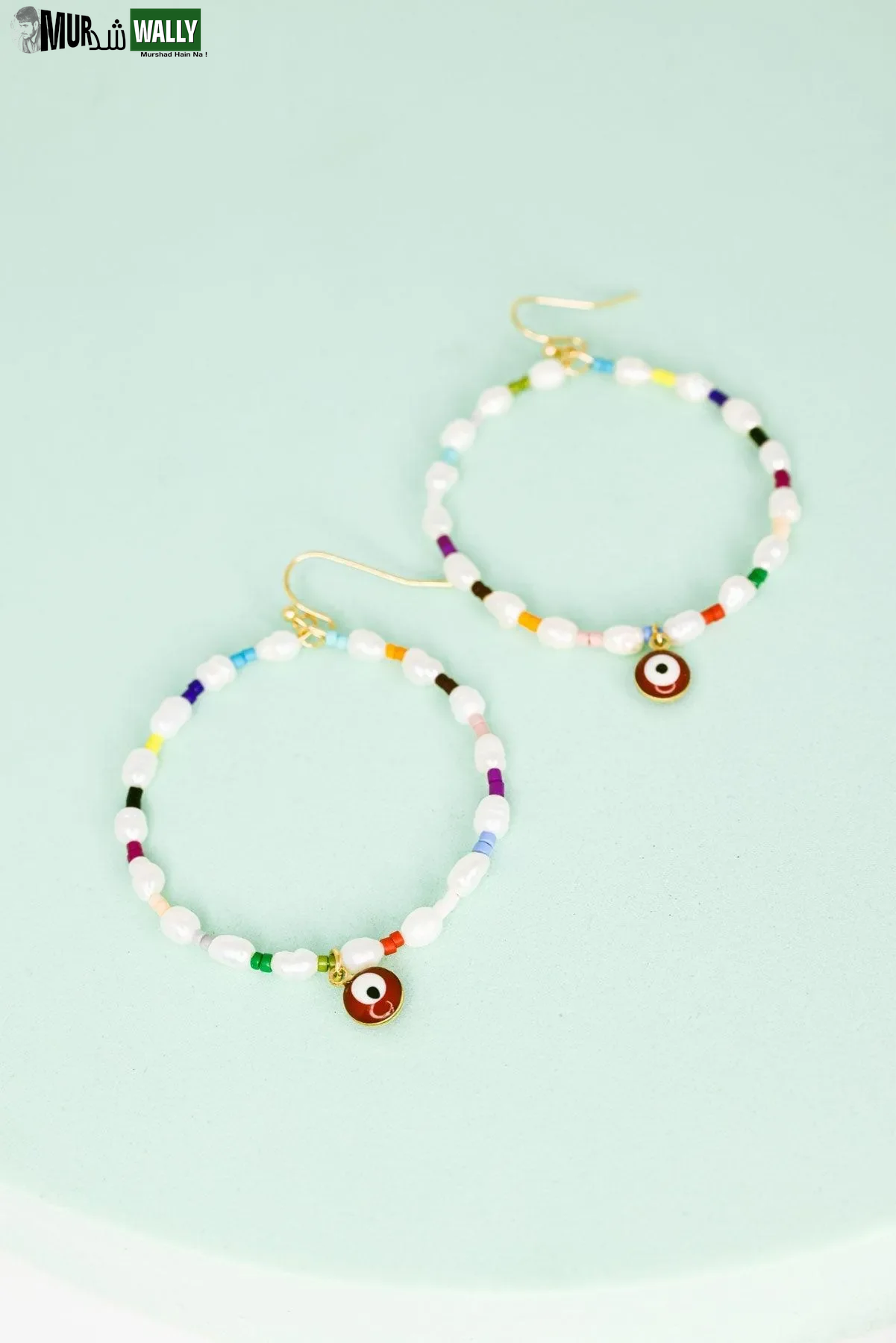 Evil Eye Stone Pearl with Seed Beads Metal Hoop Earrings