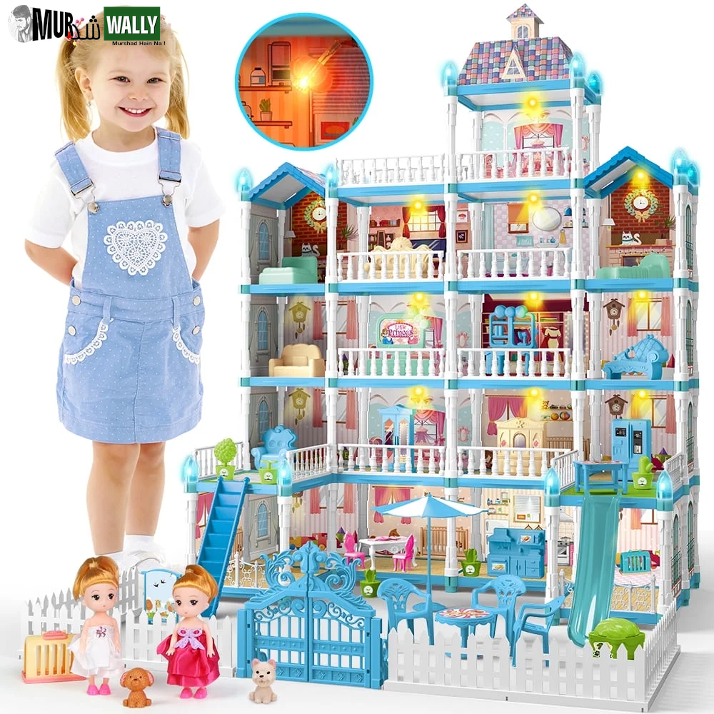 Doll House for Girls, 5-Story 19 Rooms Huge Dollhouse Playset with LED Lights, 2 Dolls, Furnitures, Accessories, DIY Pretend Play House Toys Gifts for Kids, Pink