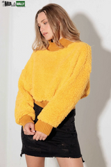Fuzzy Ribbed Mock Neck Teddy Crop Sweater
