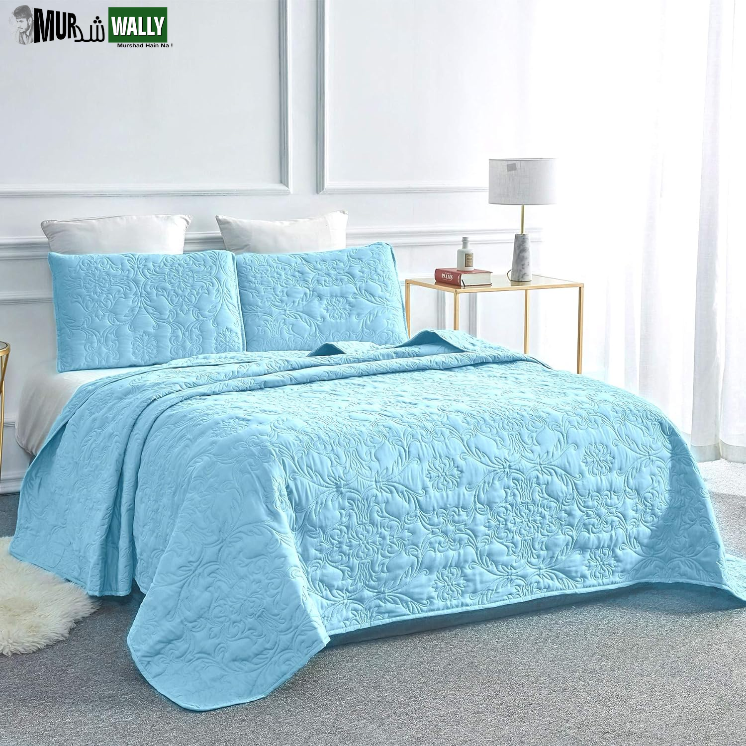 Sophia and William 2 Pieces Quilt Set Twin Size with 1 Quilt and 1 Pillow Sham, Reversible Microfiber Bedding Bedspread Coverlet Set, Cozy, Lightweight and Hypoallergenic, Light Blue