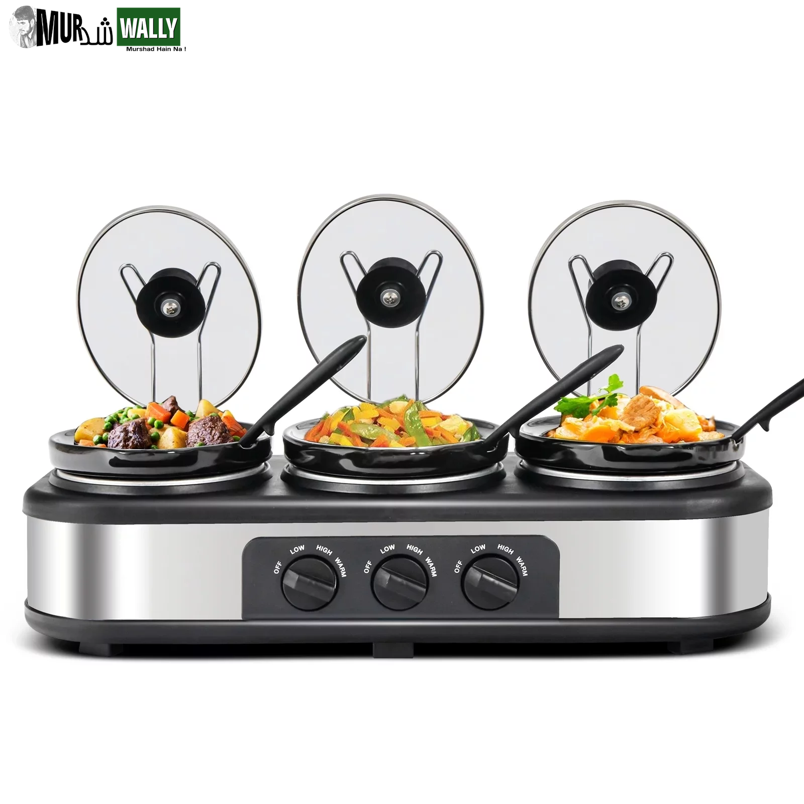 Triple Slow Cooker, 3X1.5 Quart Electric Slow Cooker Buffet Server, Food Warmer Cooking Pot, Adjustable Temp Removable Ceramic Pots Lid Rests