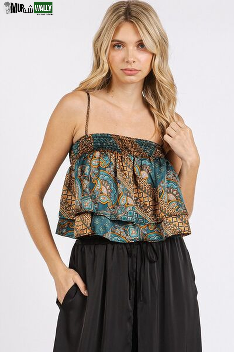 Mittoshop Paisley Patchwork Print Satin Ruffle Crop Cami