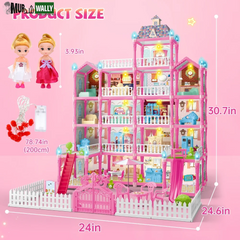 Doll House for Girls, 5-Story 19 Rooms Huge Dollhouse Playset with LED Lights, 2 Dolls, Furnitures, Accessories, DIY Pretend Play House Toys Gifts for Kids, Pink