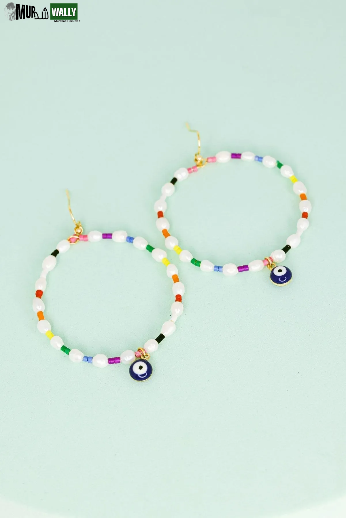Evil Eye Stone Pearl with Seed Beads Metal Hoop Earrings