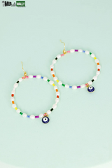 Evil Eye Stone Pearl with Seed Beads Metal Hoop Earrings